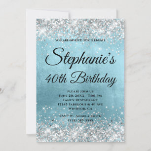 Silver Glitter Shiny Blue Foil Fancy Monogram Invitation