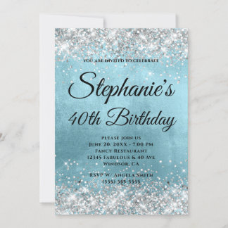 Silver Glitter Shiny Blue Foil Fancy Monogram Invitation