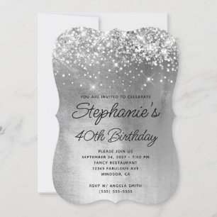 Silver Glitter Shiny Foil Monogram 40th Birthday Invitation