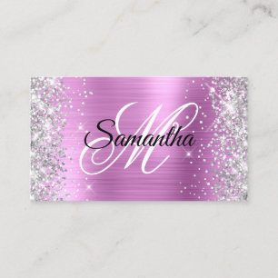 Silver Glitter Shiny Lavender Foil Fancy Monogram Business Card