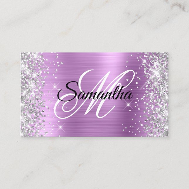 Silver Glitter Shiny Lavender Foil Fancy Monogram Business Card (Front)