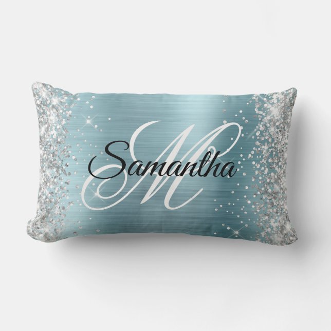 Silver Glitter Shiny Light Blue Foil Monogram Lumbar Cushion (Front)