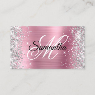 Silver Glitter Shiny Pink Foil Fancy Monogram Business Card