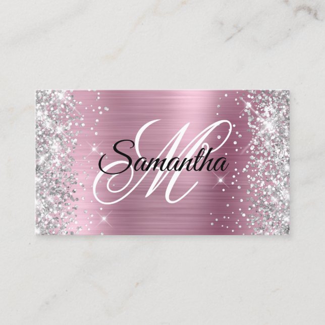 Silver Glitter Shiny Pink Foil Fancy Monogram Business Card (Front)