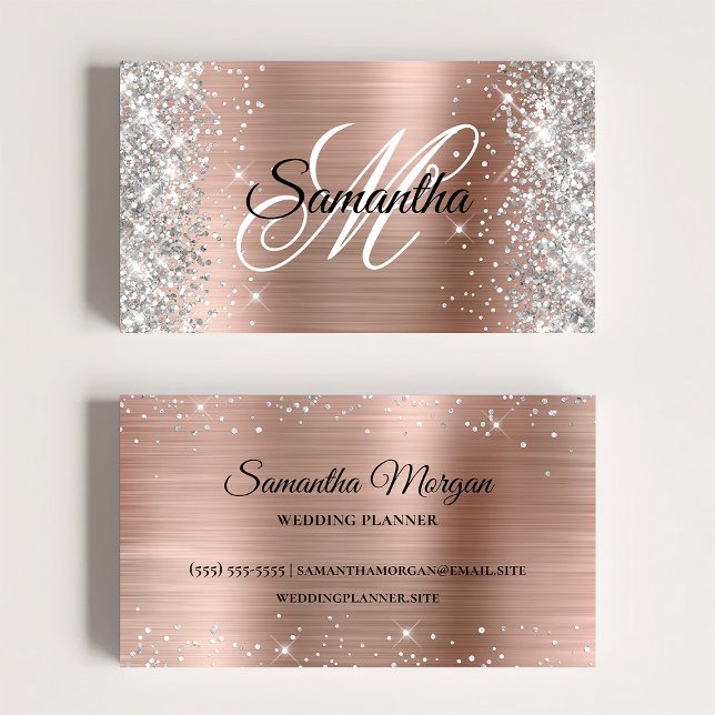 Silver Glitter Shiny Rose Gold Foil Fancy Monogram Business Card (Silver Glitter Shiny Rose Gold Foil Fancy Monogram Business Card)