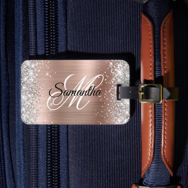 Silver Glitter Shiny Rose Gold Foil Luggage Tag (Front Insitu 4)