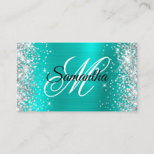 Silver Glitter Shiny Turquoise Foil Fancy Monogram Business Card