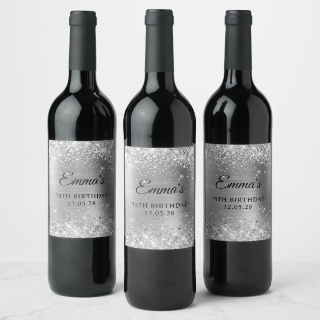 Silver Glitter Silvery Grey Foil 75th Birthday Wine Label (Bottles)