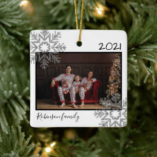 Silver Glitter Snowflake Family White Ceramic Ornament