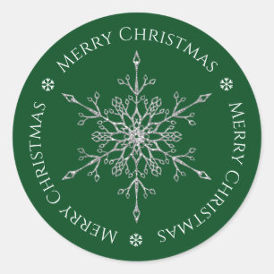 Silver Glitter Snowflake Merry Christmas Green Classic Round Sticker