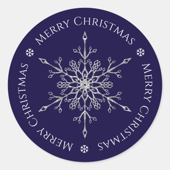 Silver Glitter Snowflake Merry Christmas Navy Blue Classic Round Sticker (Front)