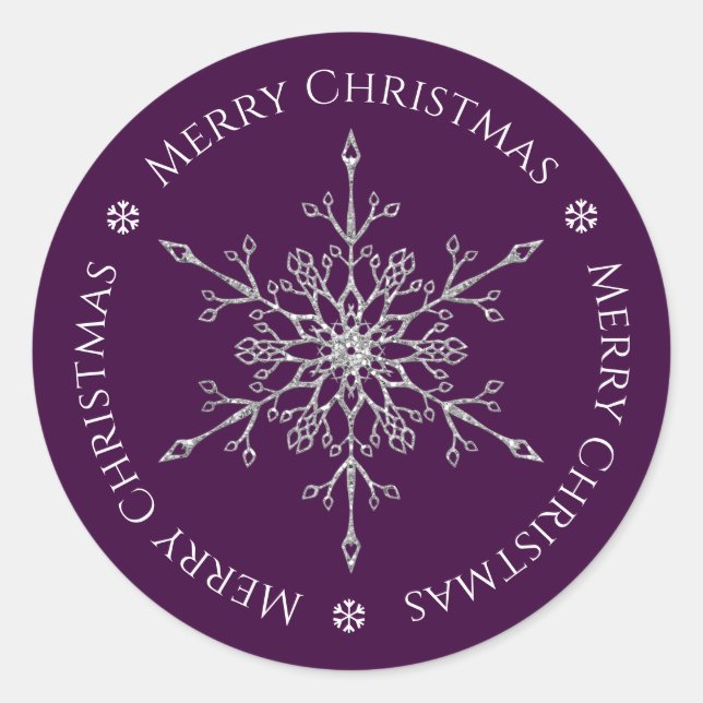 Silver Glitter Snowflake Merry Christmas Purple Classic Round Sticker (Front)