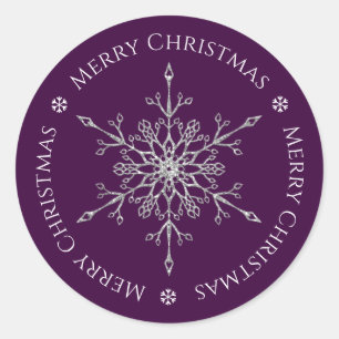 Silver Glitter Snowflake Merry Christmas Purple Classic Round Sticker