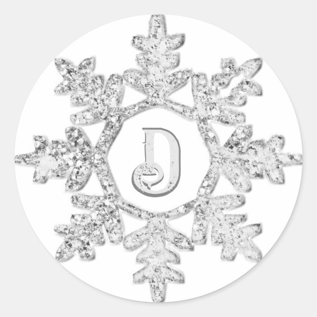 Silver Glitter Snowflake Monogram Christmas  Classic Round Sticker (Front)