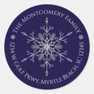 Silver Glitter Snowflake Name Address Christmas Classic Round Sticker