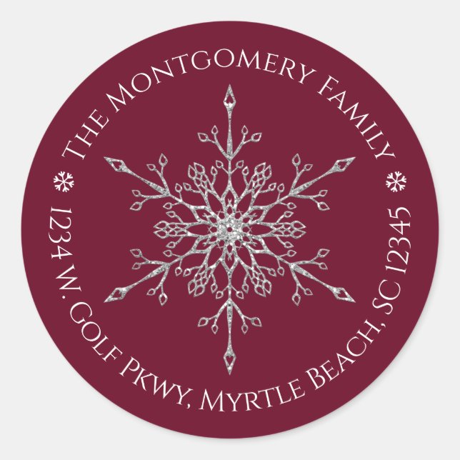 Silver Glitter Snowflake Name Address Holiday Classic Round Sticker (Front)