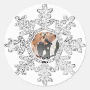 Silver Glitter Snowflake Photo Frame Personalised  Classic Round Sticker