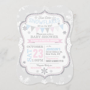 Silver Glitter Snowflake Twins Baby Shower Invitation