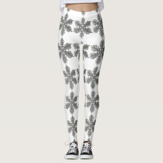 Silver Glitter Snowflake White Christmas Leggings