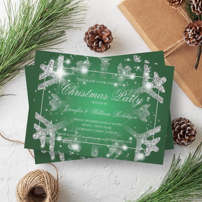 Silver Glitter Snowflake Xmas Holiday Party Green Invitation (Silver Glitter Snowflake Xmas Holiday Party Green Invitation)