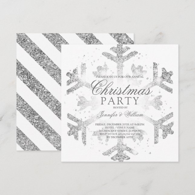 Silver Glitter Snowflake Xmas Holiday Party Invitation (Front/Back)