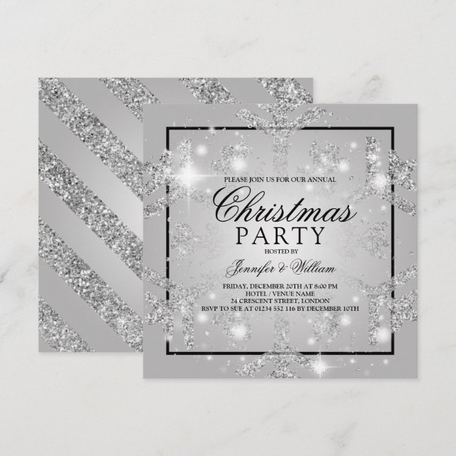 Silver Glitter Snowflake Xmas Holiday Party Invitation (Front/Back)