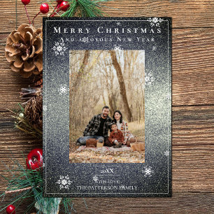 Silver Glitter Snowflakes Holiday Photo Card