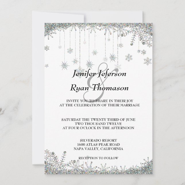 Silver glitter snowflakes wedding Invitation (Front)