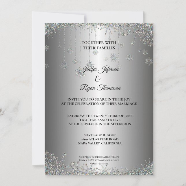 Silver glitter snowflakes wedding Invitation (Front)