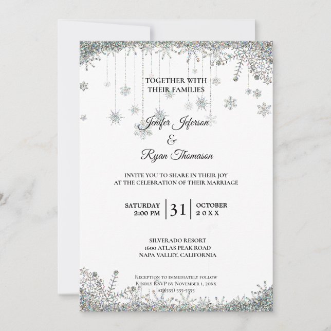 Silver glitter snowflakes wedding Invitation (Front)