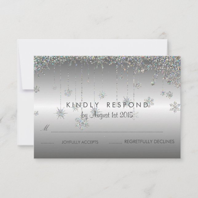 silver glitter snowflakes Wedding RSVP Card (Front)