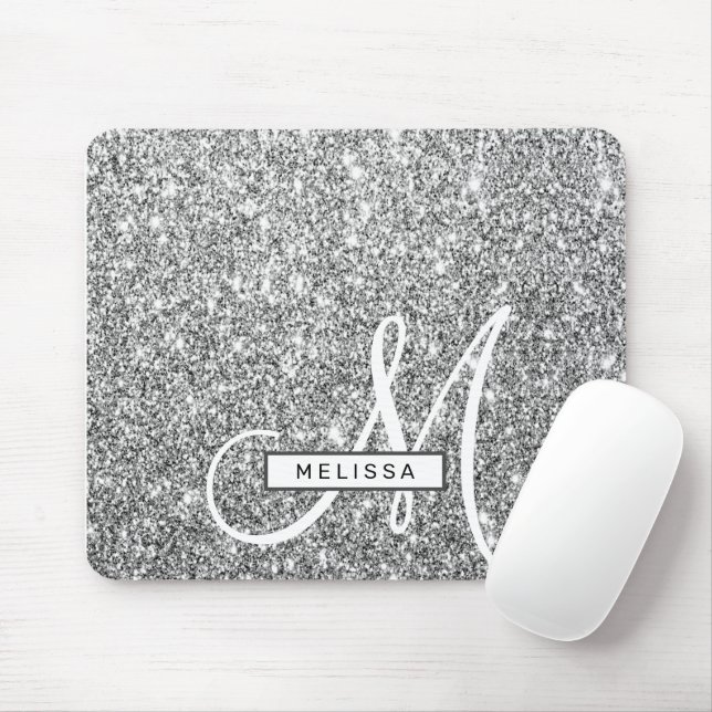 Silver Glitter Sparkle Custom Monogrammed and Name Mouse Mat (With Mouse)