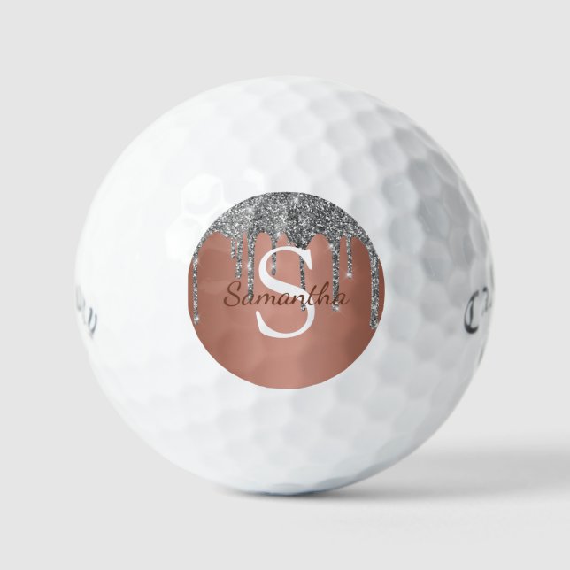 Silver Glitter Sparkle Drip Rose Gold Monogram Golf Balls (Front)
