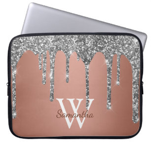 Silver Glitter Sparkle Drip Rose Gold Monogram Laptop Sleeve