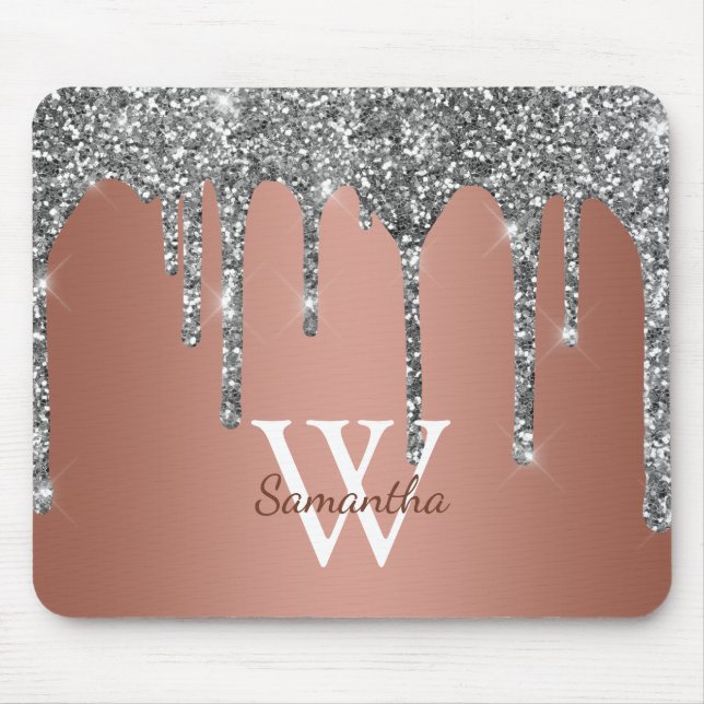 Silver Glitter Sparkle Drip Rose Gold Monogram Mouse Mat (Front)