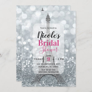Silver Glitter Sparkle Eiffel Tower Bridal Shower Invitation