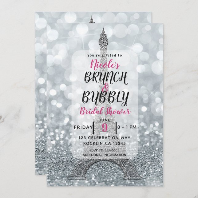 Silver Glitter Sparkle Eiffel Tower Brunch Bubbly Invitation (Front/Back)
