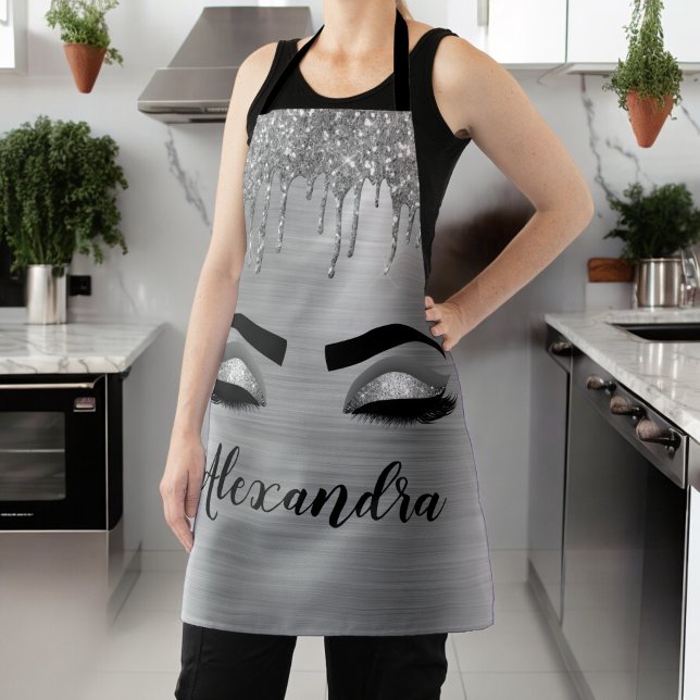 Silver Glitter Sparkle Eyelashes Monogram Name Apron (Creator Uploaded)