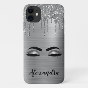 Silver Glitter Sparkle Eyelashes Monogram Name iPhone 11 Case