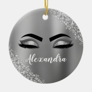 Silver Glitter Sparkle Eyelashes Monogram Name Ceramic Tree Decoration