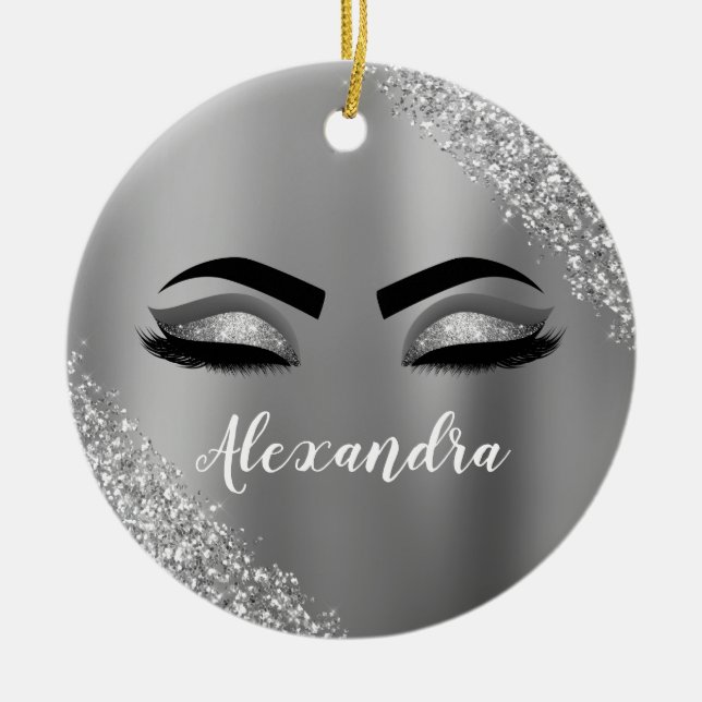 Silver Glitter Sparkle Eyelashes Monogram Name Ceramic Tree Decoration (Front)