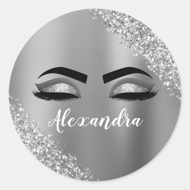 Silver Glitter Sparkle Eyelashes Monogram Name Classic Round Sticker (Front)