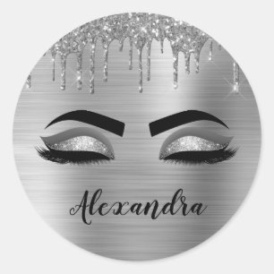 Silver Glitter Sparkle Eyelashes Monogram Name Classic Round Sticker