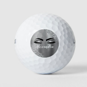 Silver Glitter Sparkle Eyelashes Monogram Name Golf Balls