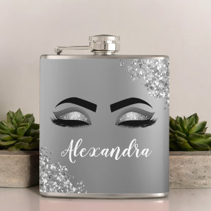 Silver Glitter Sparkle Eyelashes Monogram Name Hip Flask