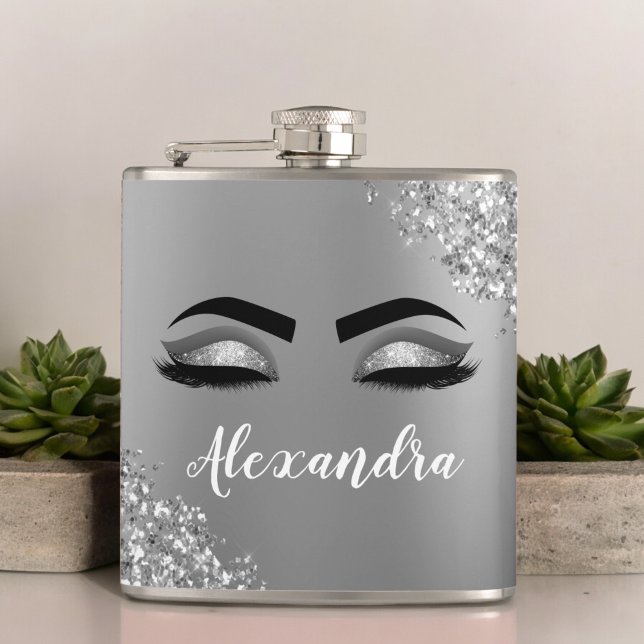 Silver Glitter Sparkle Eyelashes Monogram Name Hip Flask (Creator Uploaded)