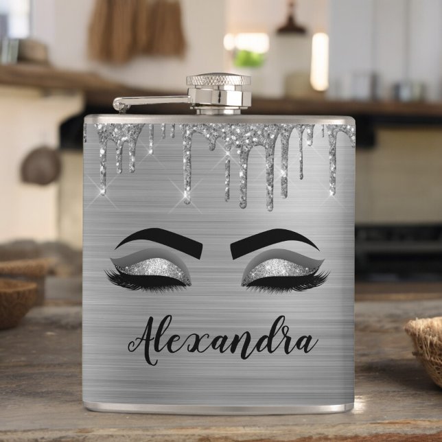 Silver Glitter Sparkle Eyelashes Monogram Name Hip Flask (Creator Uploaded)