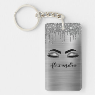 Silver Glitter Sparkle Eyelashes Monogram Name Key Ring