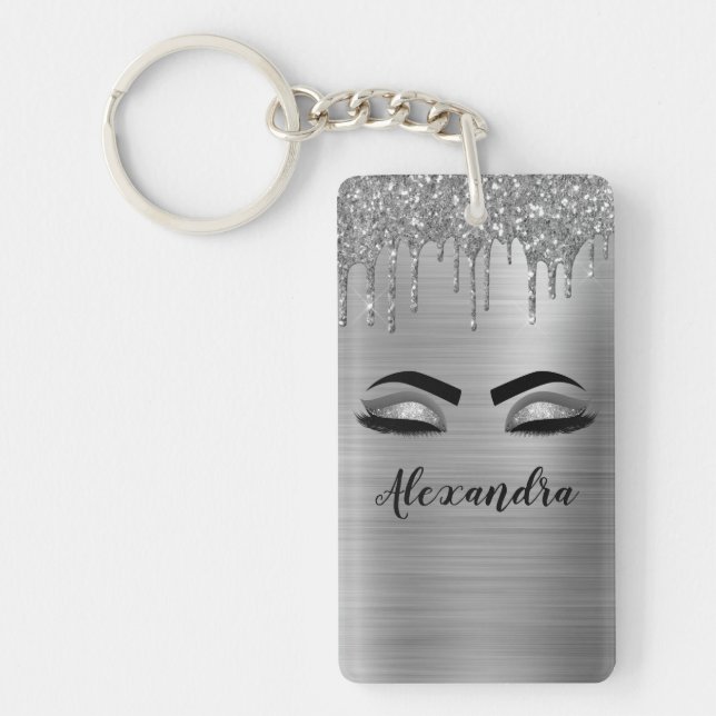 Silver Glitter Sparkle Eyelashes Monogram Name Key Ring (Front)