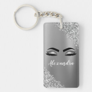 Silver Glitter Sparkle Eyelashes Monogram Name Key Ring